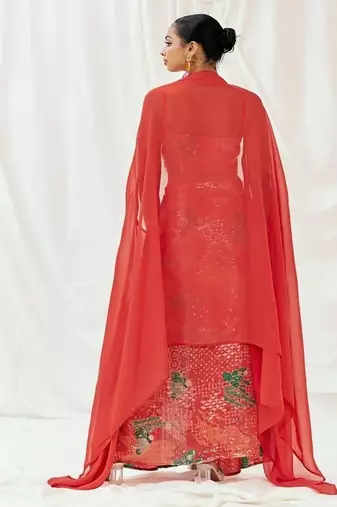 Red floral printed organza cape set