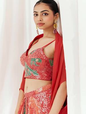 Red floral printed organza cape set 4