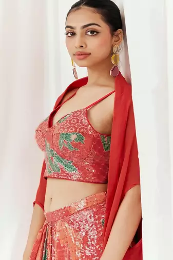 Red floral printed organza cape set