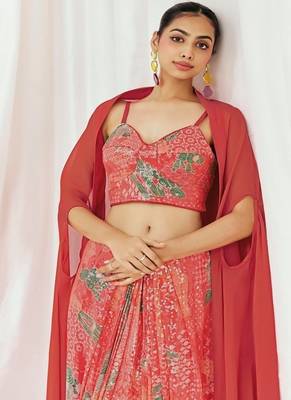 Red floral printed organza cape set 5