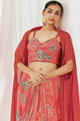 Red floral printed organza cape set