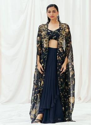 Navy blue floral printed organza cape set 1