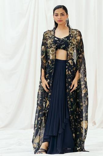 Navy blue floral printed organza cape set