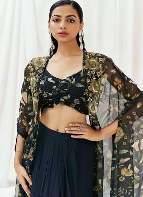 Navy blue floral printed organza cape set 2