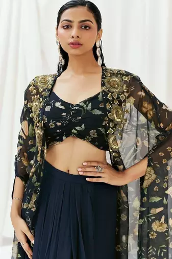 Navy blue floral printed organza cape set