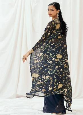 Navy blue floral printed organza cape set 3