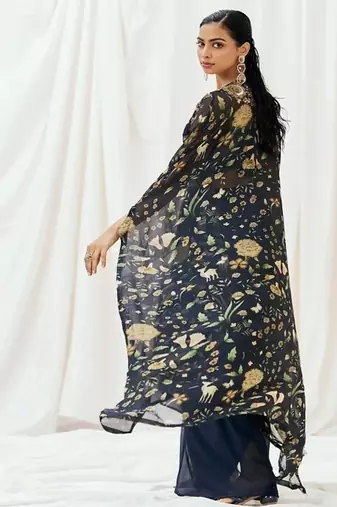 Navy blue floral printed organza cape set