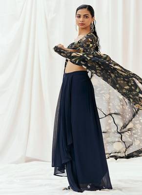 Navy blue floral printed organza cape set 4