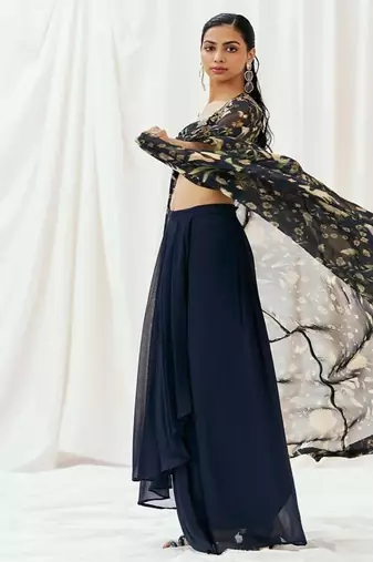 Navy blue floral printed organza cape set