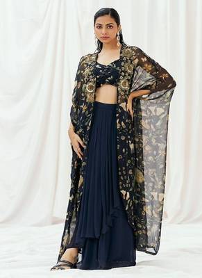 Navy blue floral printed organza cape set 5