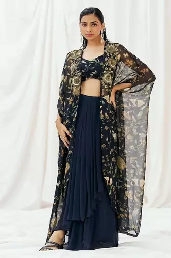 Navy blue floral printed organza cape set