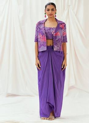 Violet floral printed georgette jacket set 1