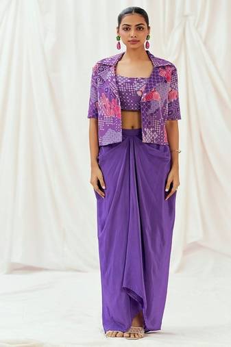 Violet floral printed georgette jacket set