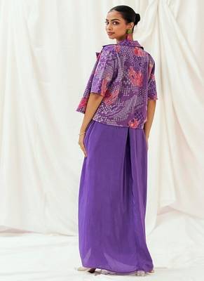 Violet floral printed georgette jacket set 2