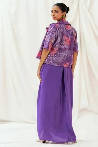 Violet floral printed georgette jacket set