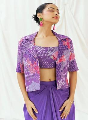 Violet floral printed georgette jacket set 3