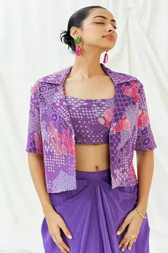 Violet floral printed georgette jacket set