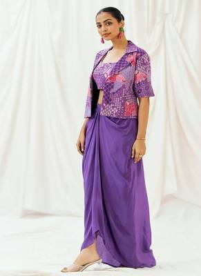 Violet floral printed georgette jacket set 4