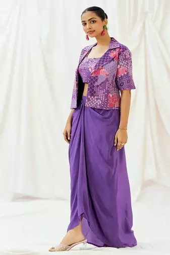 Violet floral printed georgette jacket set