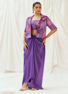 Violet floral printed georgette jacket set 5