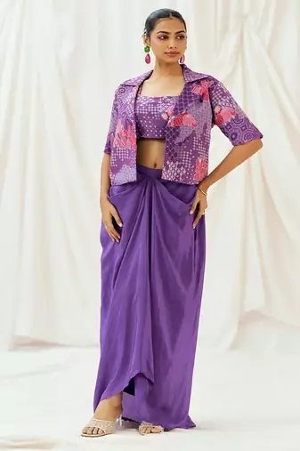 Violet floral printed georgette jacket set