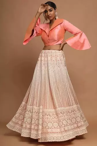 Lavishing Peach Net Lakhnavi Work Party Wear Crop Top Lehenga