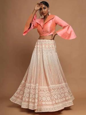 Lavishing Peach Net Lakhnavi Work Party Wear Crop Top Lehenga 1