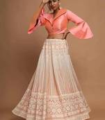 Lavishing Peach Net Lakhnavi Work Party Wear Crop Top Lehenga