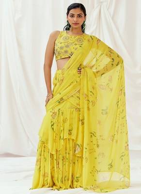 Yellow floral printed georgette saree 1