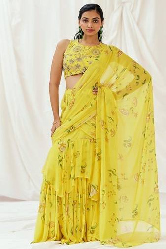Yellow floral printed georgette saree