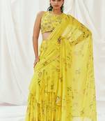 Yellow floral printed georgette saree