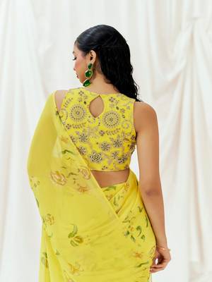 Yellow floral printed georgette saree 2