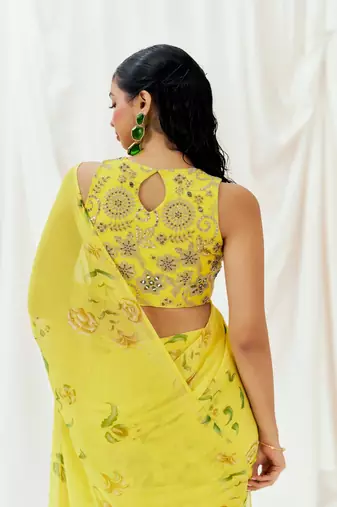 Yellow floral printed georgette saree