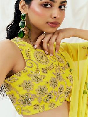 Yellow floral printed georgette saree 3