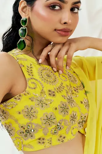 Yellow floral printed georgette saree