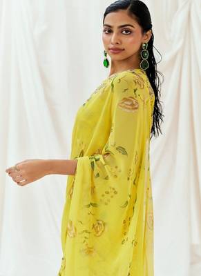Yellow floral printed georgette saree 4