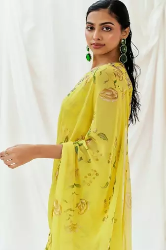 Yellow floral printed georgette saree