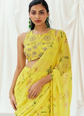 Yellow floral printed georgette saree 5