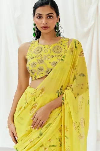 Yellow floral printed georgette saree