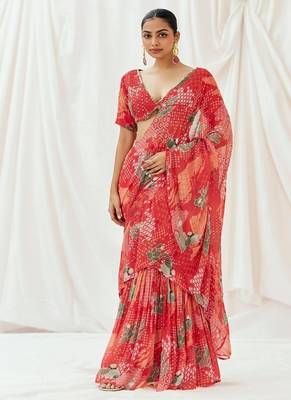 Red floral printed georgette saree 1