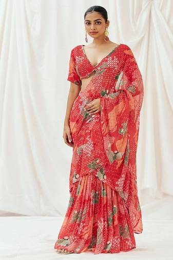 Red floral printed georgette saree