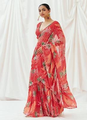 Red floral printed georgette saree 2