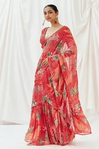 Red floral printed georgette saree