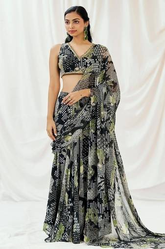 Black printed georgette saree