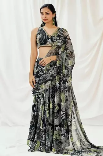 Black printed georgette saree