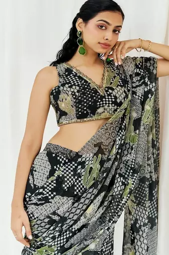 Black printed georgette saree
