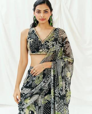 Black printed georgette saree 4