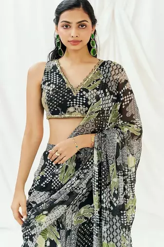 Black printed georgette saree