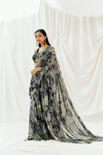 Black printed georgette saree