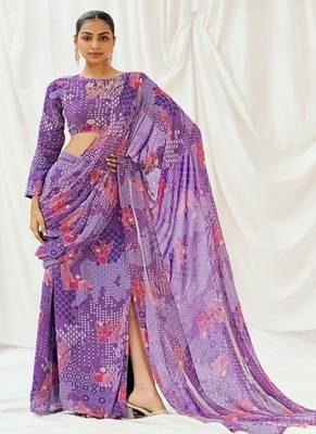 Violet floral printed georgette saree 1